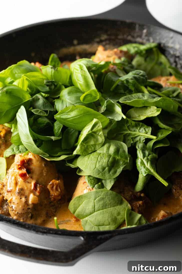 Adding fresh baby spinach leaves on top of the skillet with chicken thighs and cream sauce.