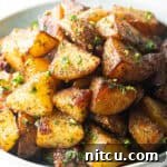 Crispy Potato Gold 10 White bowl brimming with pieces of golden crispy Yukon potatoes.