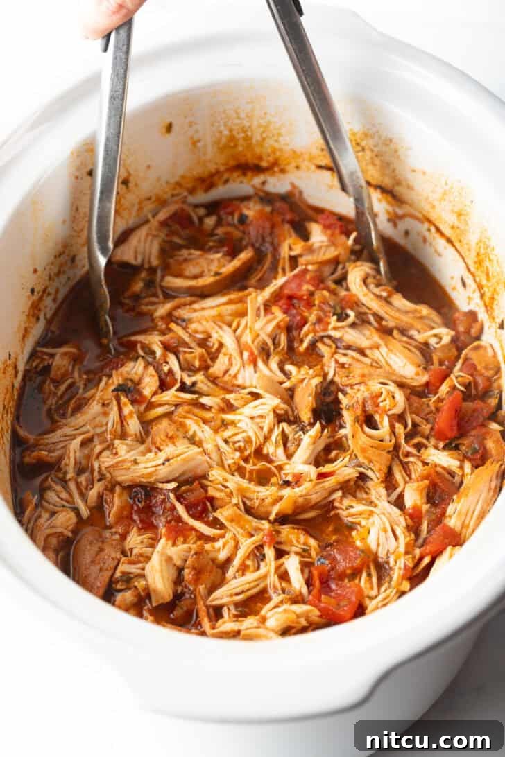 Fiesta Slow Cooker Chicken 11 Shredded Mexican chicken in a white crockpot with tongs.