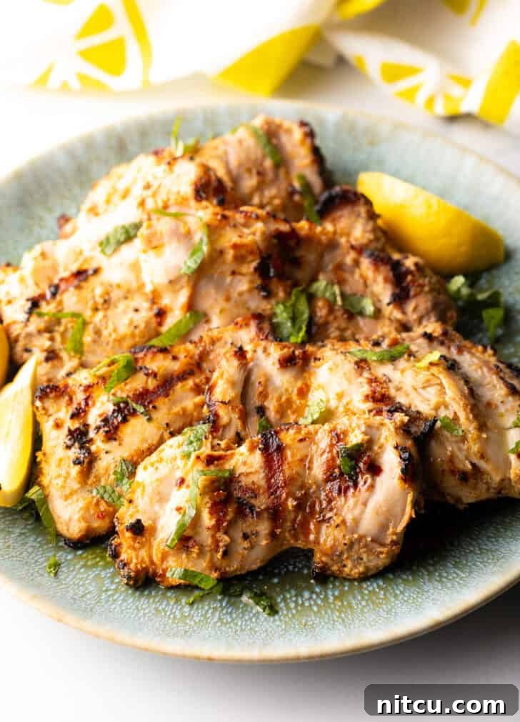 Grilled marinated chicken thighs in a shallow blue bowl.
