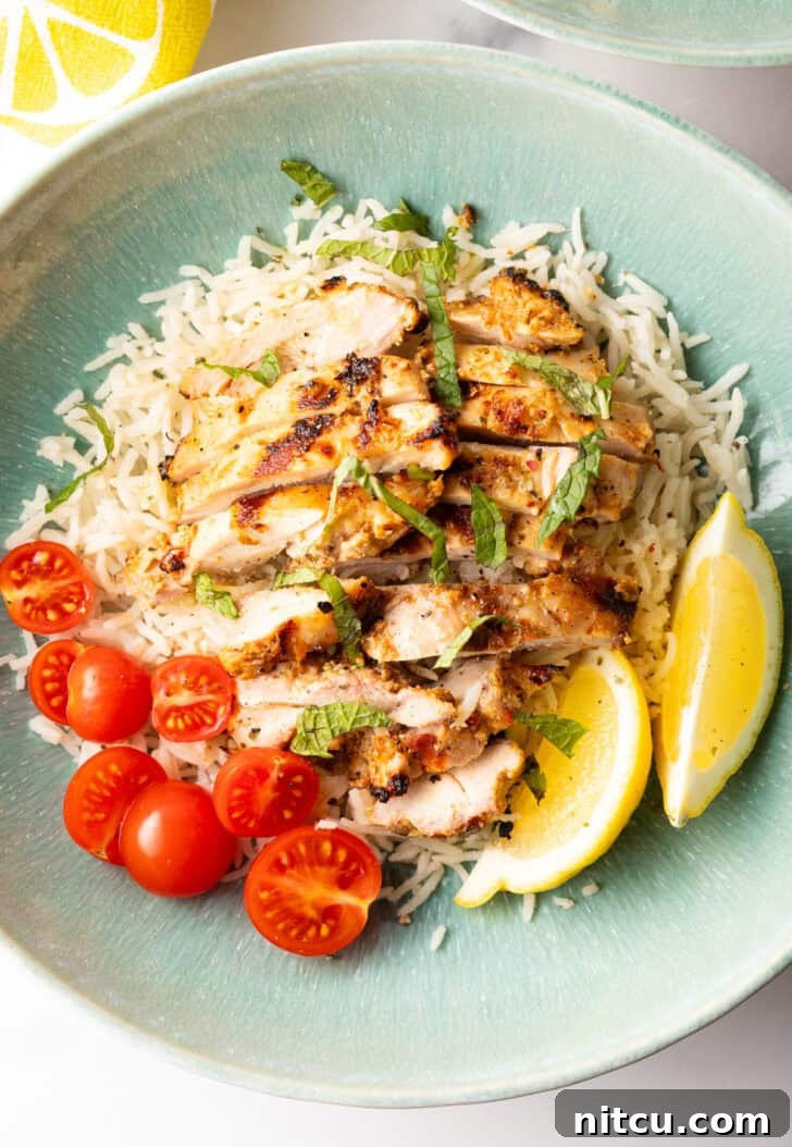 Shallow blue bowl with white rice topped with slices of marinated greek chicken, halved grape tomatoes, and two lemon wedges.