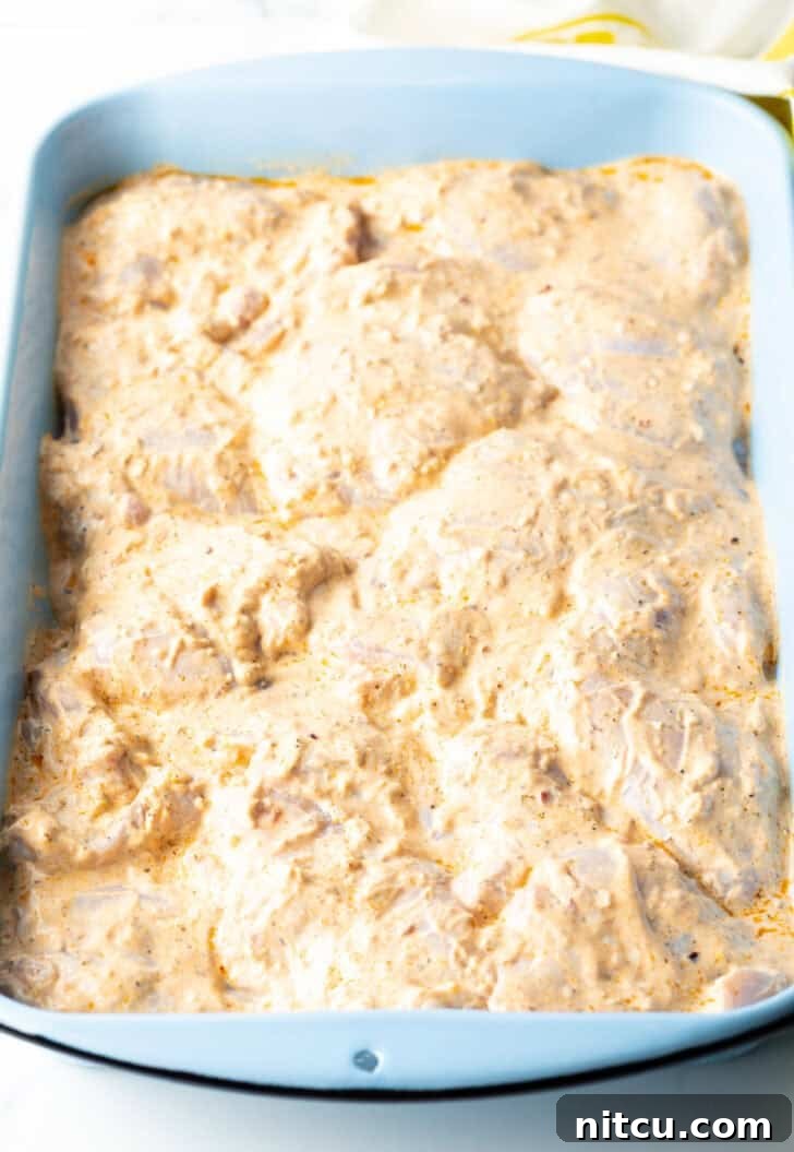 Chicken pieces marinating in a greek yogurt marinade, in a blue rectangle baking dish.