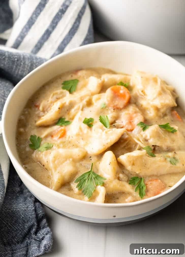 Effortless Slow Cooker Chicken and Dumplings 2 A hearty white bowl filled with crock pot chicken and dumplings, garnished with fresh chopped parsley, ready to be enjoyed.