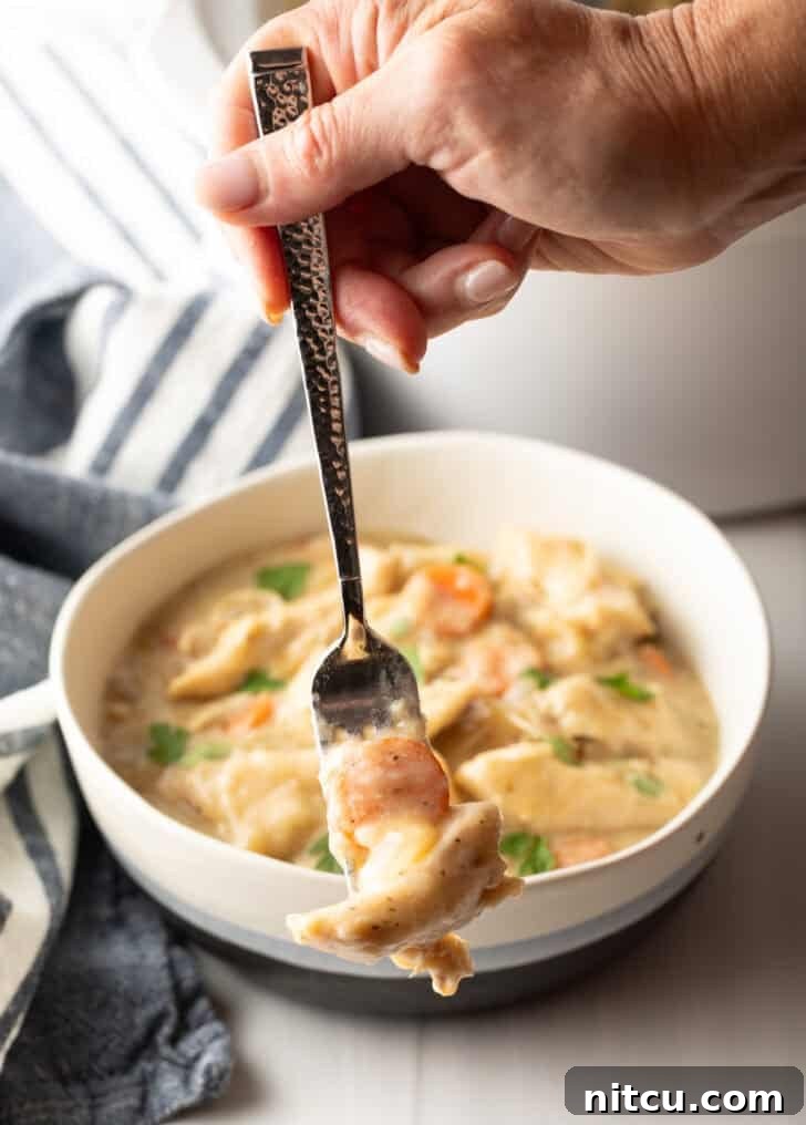 Effortless Slow Cooker Chicken and Dumplings 4 A hand holds a forkful of savory chicken and dumplings, steam gently rising, showcasing the tender chicken and fluffy dumpling texture.