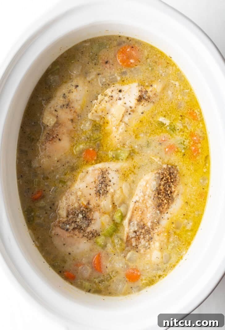 Effortless Slow Cooker Chicken and Dumplings 7 Cooked chicken breasts resting in a rich broth with carrots and other vegetables in a slow cooker, softened and ready for shredding.