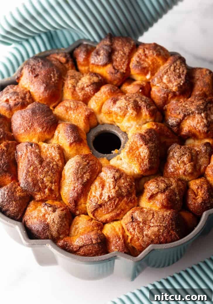 Irresistible Monkey Bread Delight 13 Baked bread in a bundt pan.