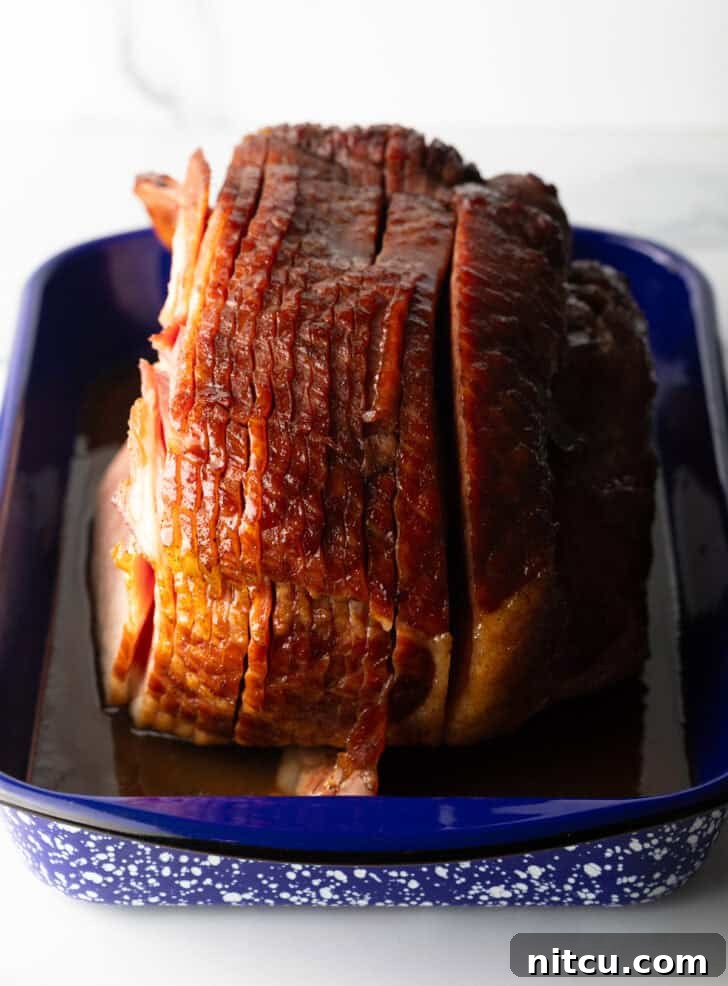 Perfect Spiral Ham Recipe 9 A perfectly cooked spiral ham, beautifully glazed and ready to serve, displayed in a blue and white speckled roasting pan.