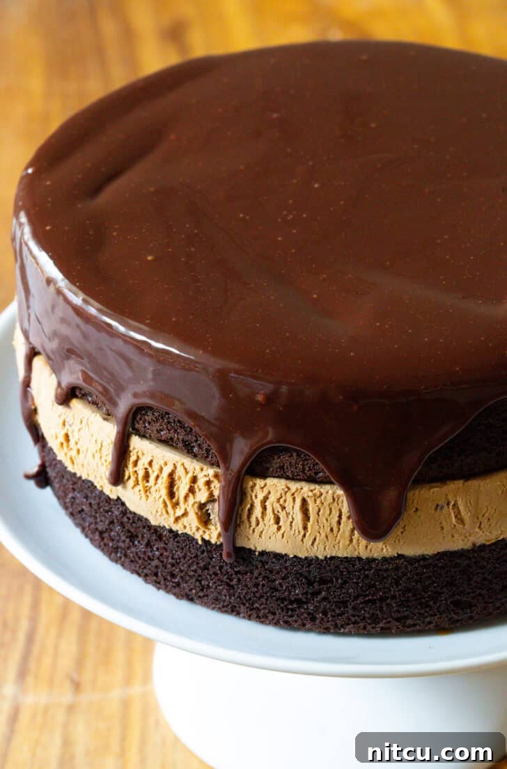 Ultimate Ice Cream Cake 4 Chocolate and caramel ice cream cake covered with dripping chocolate ganache.