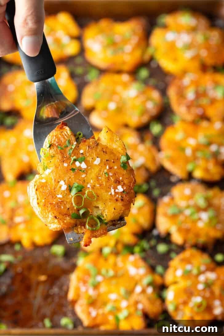 Crispy Smashed Potatoes 2 Top down view of 15 golden smashed potatoes on a baking sheet. A hand with a spatula is holding a crispy smashed potato to camera.