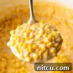 Ladleful of creamed corn held to camera.