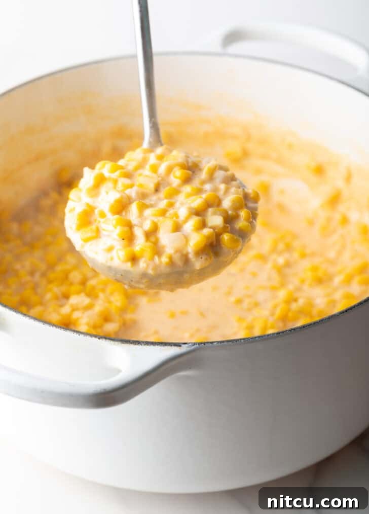Ladleful of creamed corn held to camera, ready to be served into a bowl.