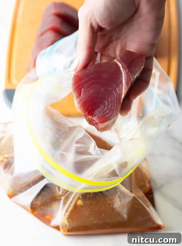 Flash-Seared Ahi Tuna 8 A hand carefully adding slices of yellowfin tuna to a plastic bag containing the marinade.