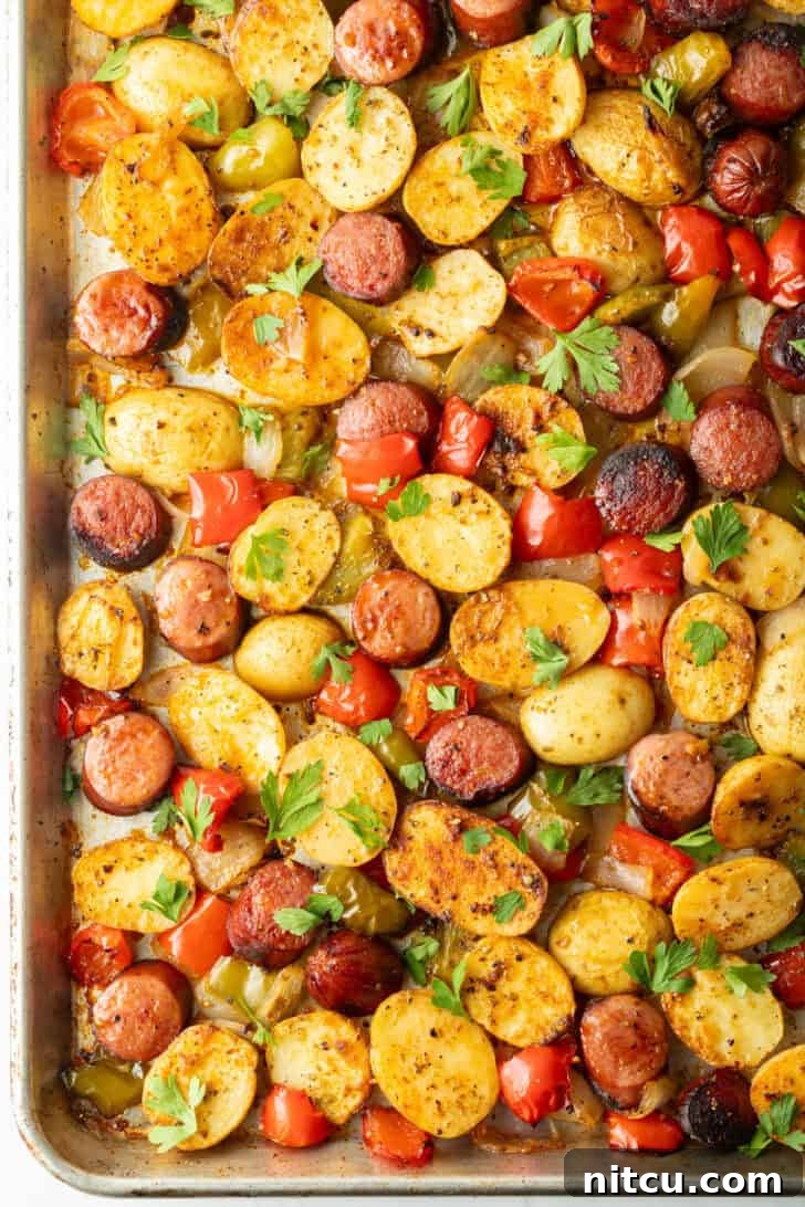 Smoky Sausage and Roasted Potatoes 2 Overhead view of sheet pan kielbasa and potatoes recipe, showcasing beautifully roasted sausage, potatoes, and vegetables.