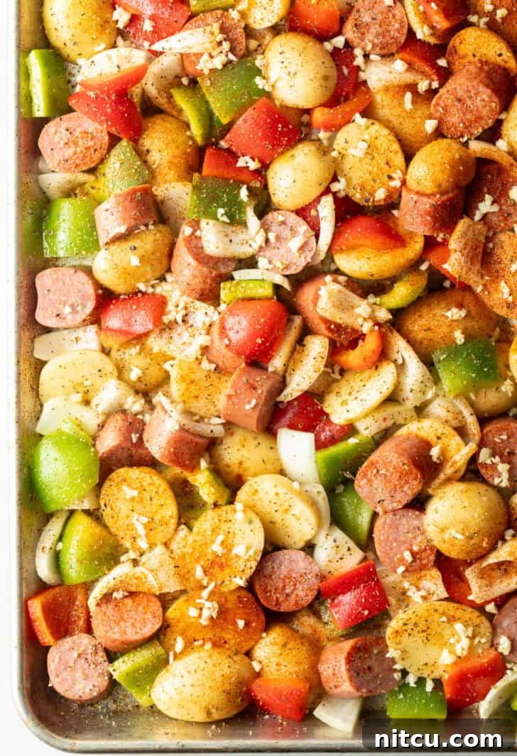 Smoky Sausage and Roasted Potatoes 6 Kielbasa sausage and mixed vegetables, including peppers and onions, generously coated with olive oil, garlic, and spices on a sheet pan.