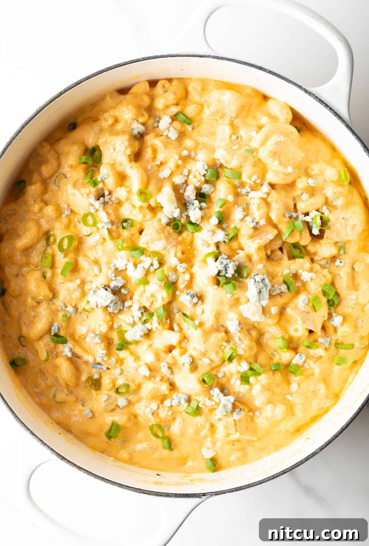 Top down view of a large white pot of buffalo chicken macaroni and cheese.