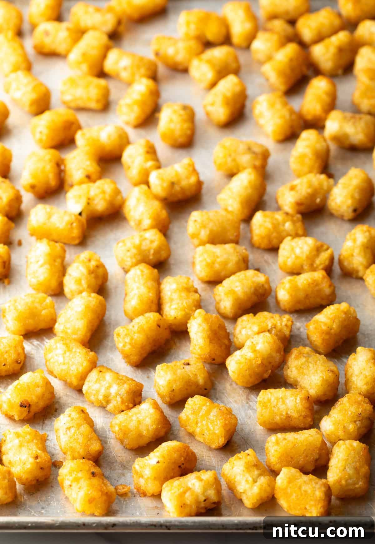 Ultimate Loaded Tots 6 A baking sheet filled with crispy baked tater tots.