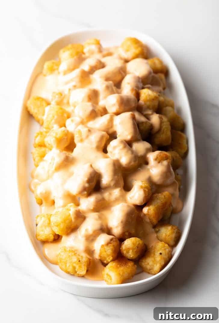 Ultimate Loaded Tots 8 Top down view of a white oval bowl filled with crispy tater tots covered in melted cheese.