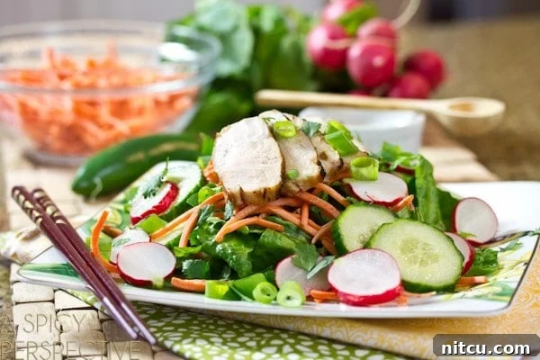 Deconstructed Banh Mi Salad 5 A stunning Vietnamese Banh Mi Salad beautifully presented on a white plate. It features a generous base of crisp greens, vibrant slices of pickled cucumbers and radishes, finely shredded carrots, and succulent slices of grilled chicken breast.