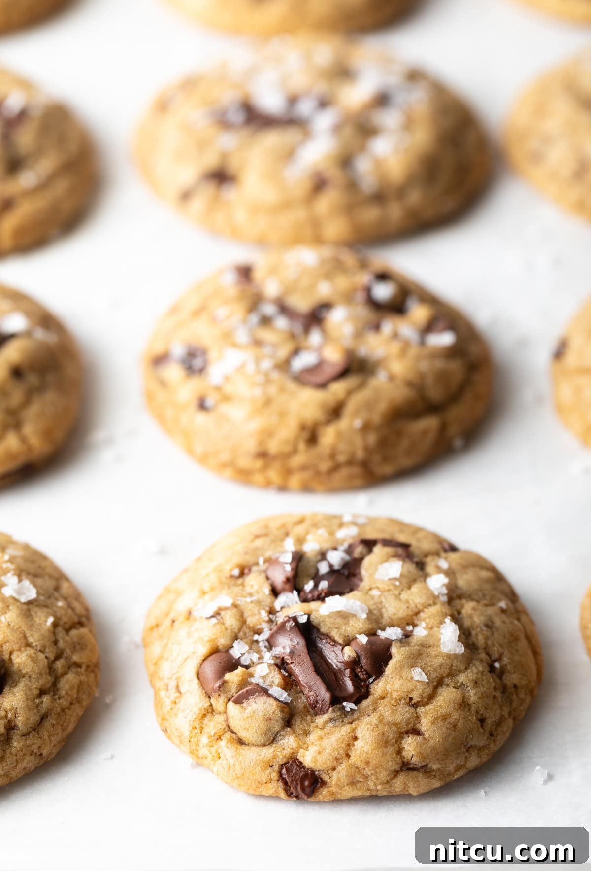 A close-up view of a single brown sugar chocolate chip cookie, lightly sprinkled with flakes of sea salt, inviting you to take a bite.