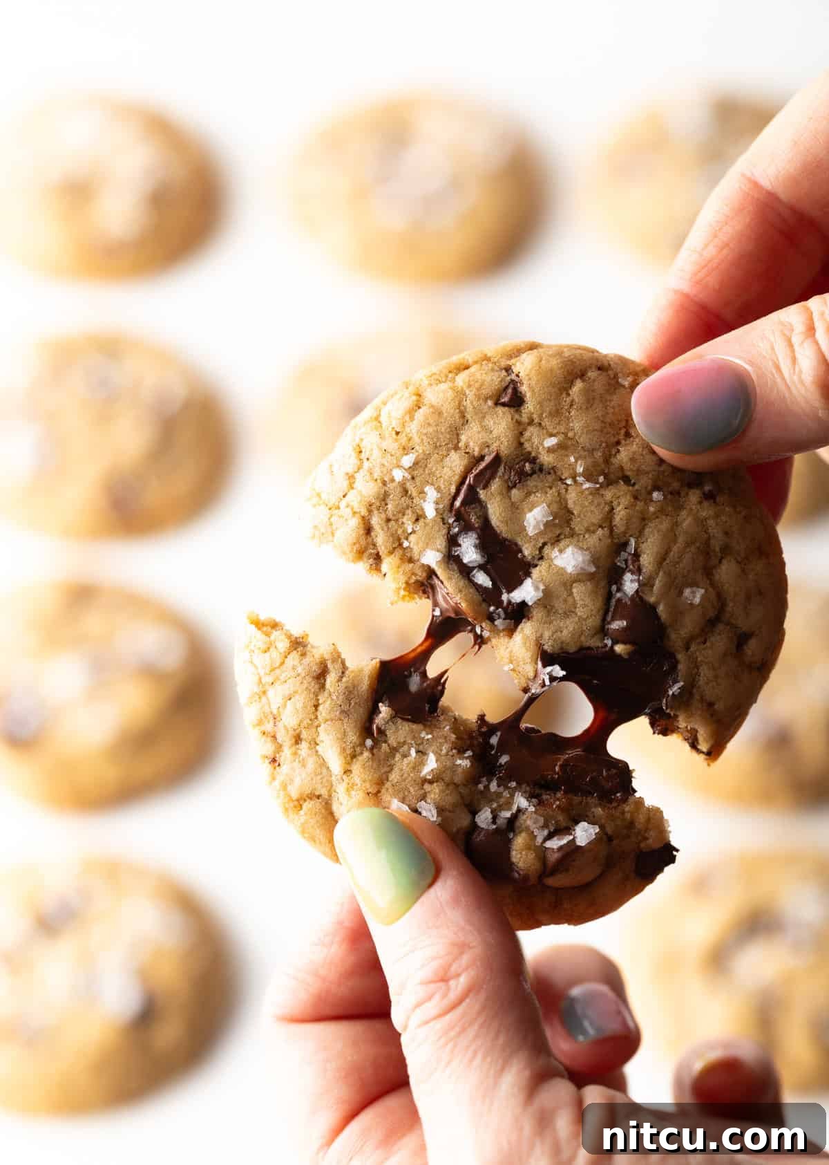A hand holding a warm, freshly baked brown sugar chocolate chip cookie, broken in half to reveal its irresistibly gooey, melty chocolate center.