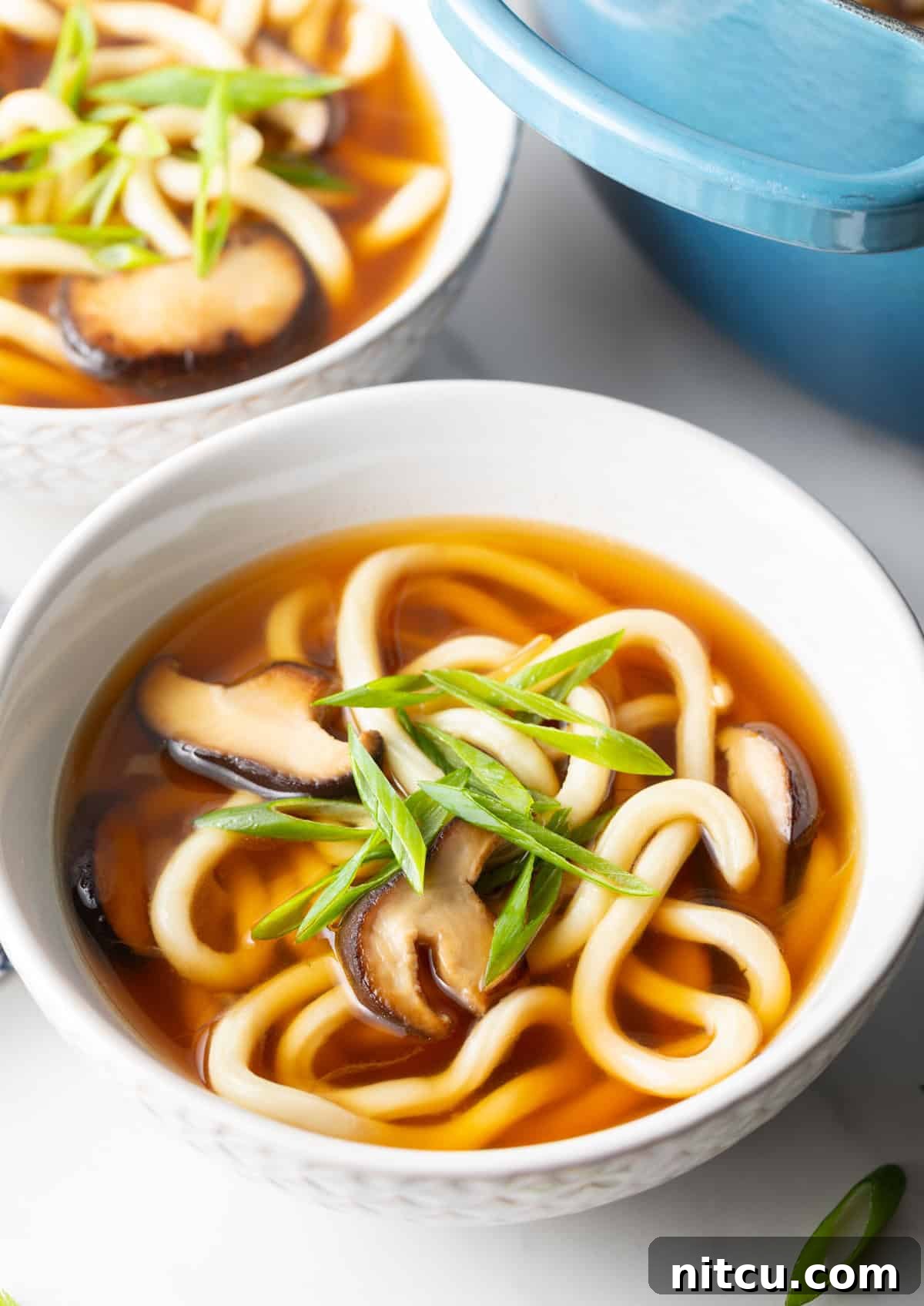 Effortless Udon Bowl 12 A white bowl filled with easy udon soup.