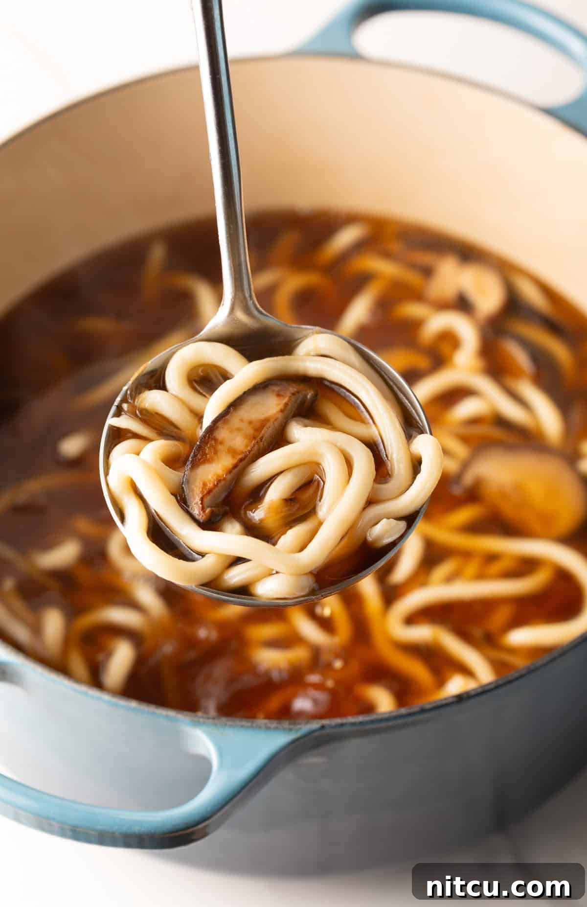 Effortless Udon Bowl 3 Pot of udon noodle soup with a ladle holding a scoop of the soup.