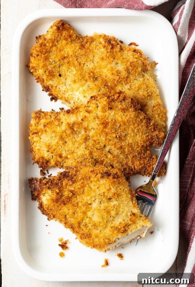 Golden Baked Chicken Cutlets 5 Overhead view of three pieces of baked chicken cutlets on a platter, garnished with fresh herbs.