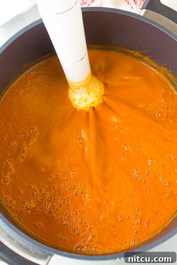 Nourishing Tomato Bisque 5 Healthy tomato basil bisque simmering in a pot with an immersion blender blending the ingredients to a smooth consistency.