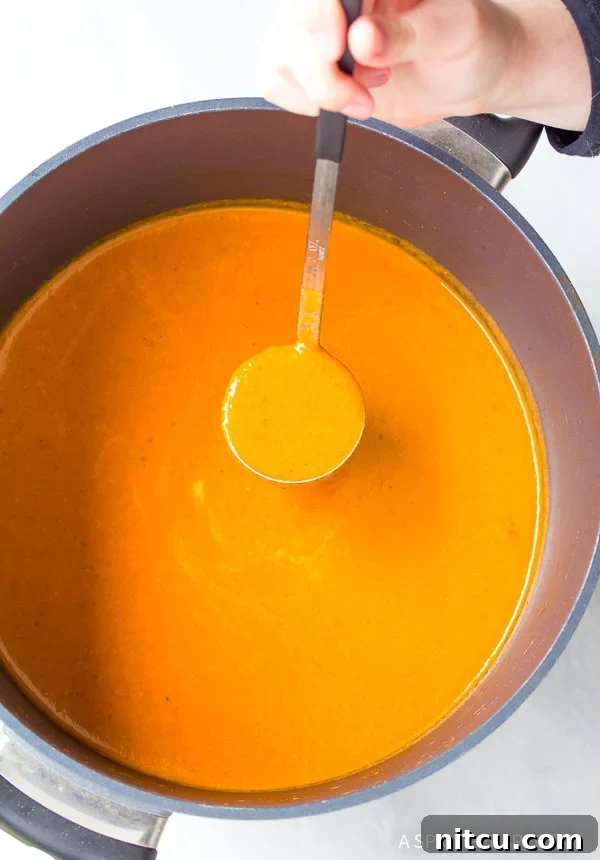 Nourishing Tomato Bisque 6 Overhead shot of a pot with a soup ladle scooping vibrant healthy tomato basil bisque recipe, ready to serve.