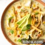 Top down view bowl of green chicken enchilada soup, topped with tortilla strips and slices of avocado.