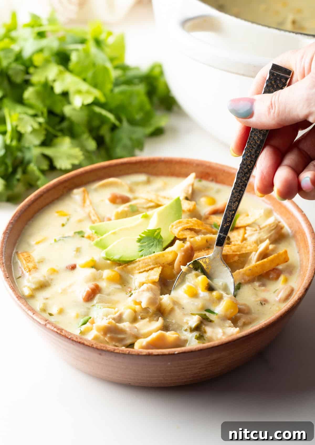 Hand using a spoon to scoop a serving of green enchilada chicken soup from a bowl.