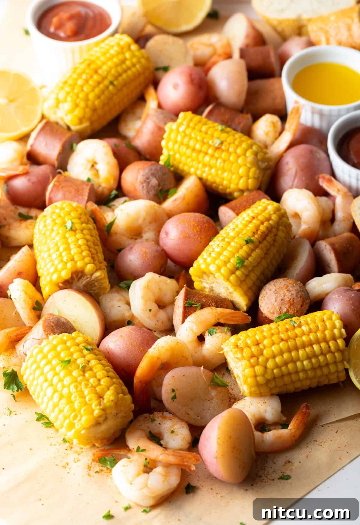 Coastal Bounty Boil 2 An inviting overhead view of a vibrant Low Country Boil, richly seasoned shrimp, hearty smoked sausage, tender red potatoes, and bright yellow corn, all artfully arranged with ramekins of dipping sauces on the side.