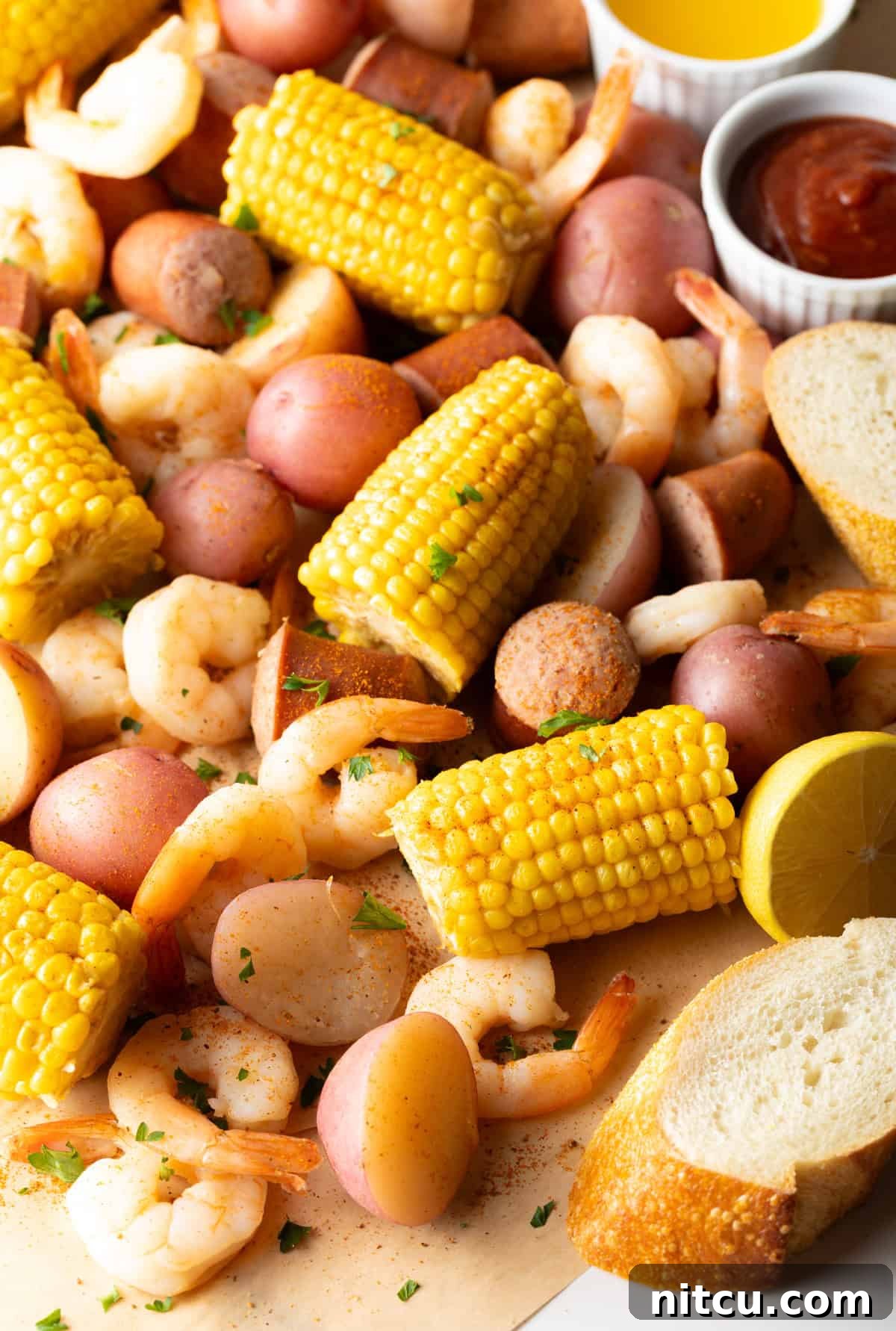 Coastal Bounty Boil 12 A generous platter filled with a mouthwatering Low Country Boil, featuring perfectly boiled red potatoes, sweet corn on the cob halves, succulent shrimp, and savory chunks of sausage, elegantly complemented by slices of fresh bread on the side.