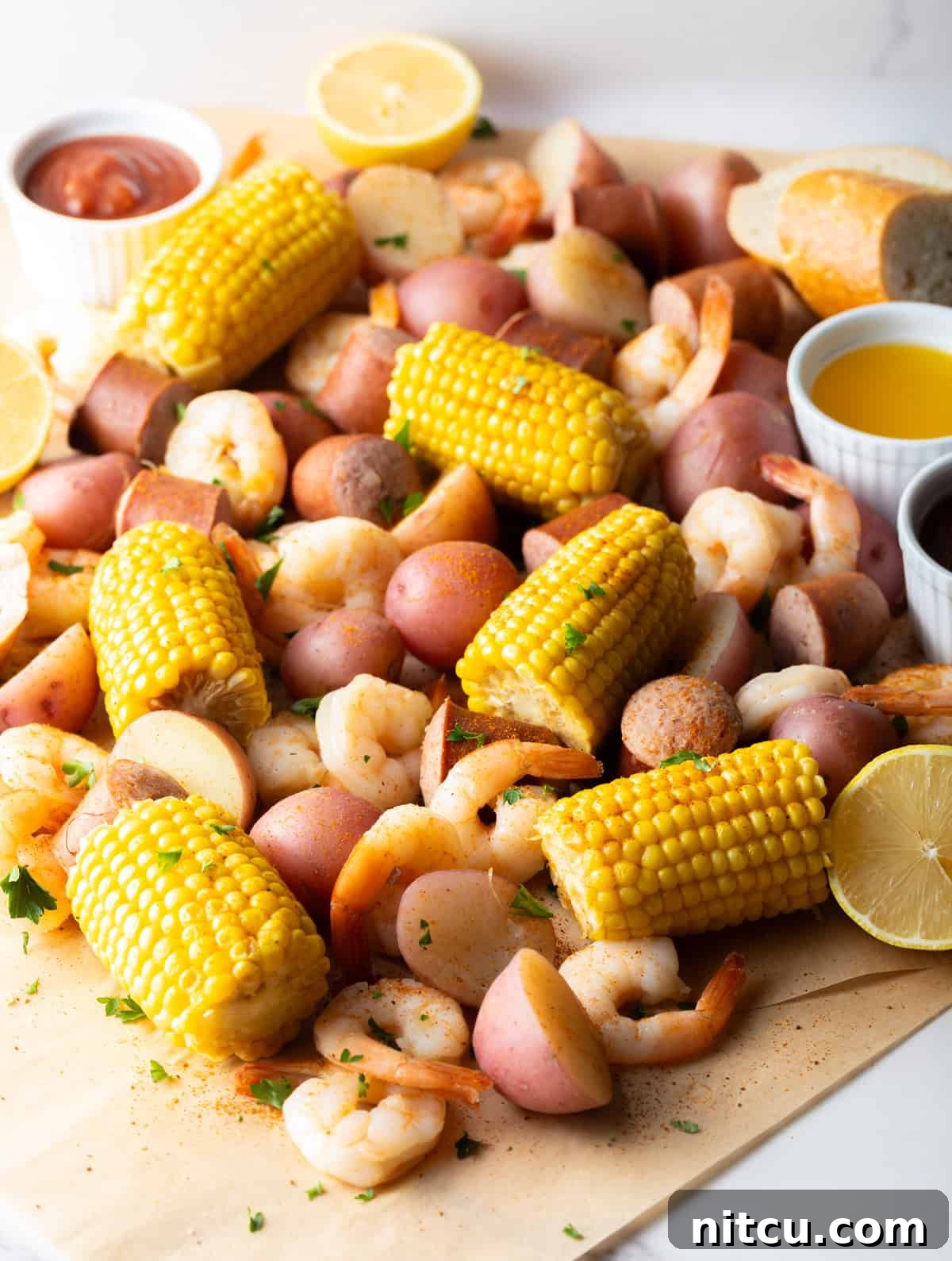 Coastal Bounty Boil 10 A vibrant, fully cooked Low Country Shrimp Boil artfully arranged on brown parchment paper, featuring perfectly pink shrimp, golden corn cobs, tender red potatoes, and smoky sausage chunks, surrounded by fresh lemon wedges and an assortment of delicious dipping sauces.