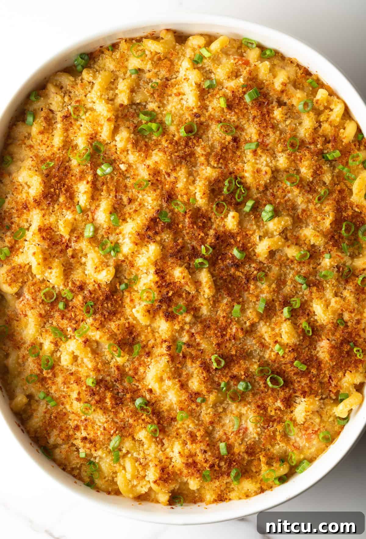 Big Easy Mac and Cheese 3 Overhead shot of Cajun mac and cheese with crispy baked topping in a white baking dish.