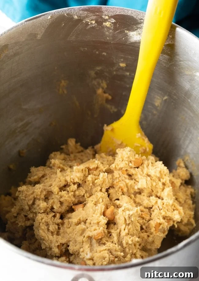 Butterscotch cookie dough in a mixing bowl, ready for baking.