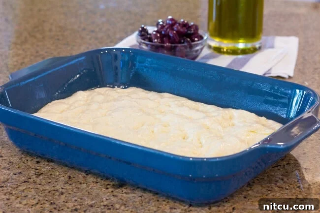 Golden Herb & Olive Focaccia 7 Blue baking dish with raw poked dough.