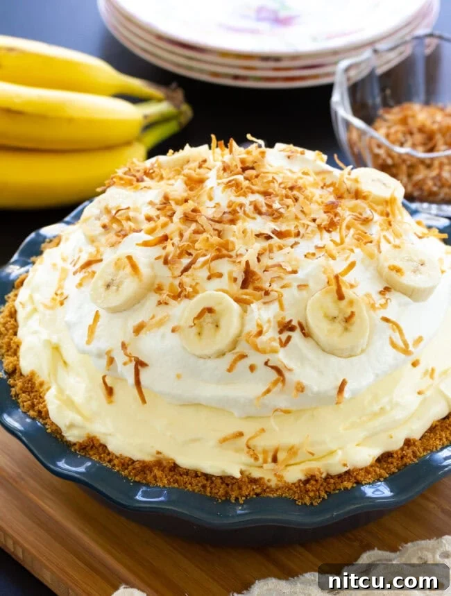 Velvet Banana Indulgence 2 Fluffy Banana Cream Pie in a pie dish with toasted shredded coconut on top, ready to be served.