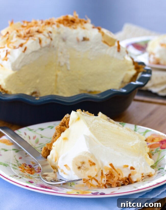 fluffy A perfect slice of Banana Cream Pie with a thick graham cracker crust, topped with whipped cream and toasted coconut, served on a plate with the full pie in the background.