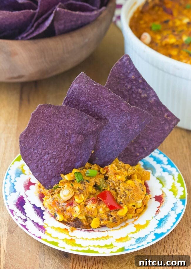 Charred Corn Fiesta Dip 8 blue corn tortilla chips for dipping