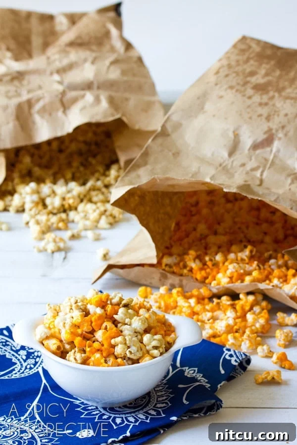 Mastering Garretts Famous Popcorn 6 Bowl of popcorn with two bags of popcorn in the background.