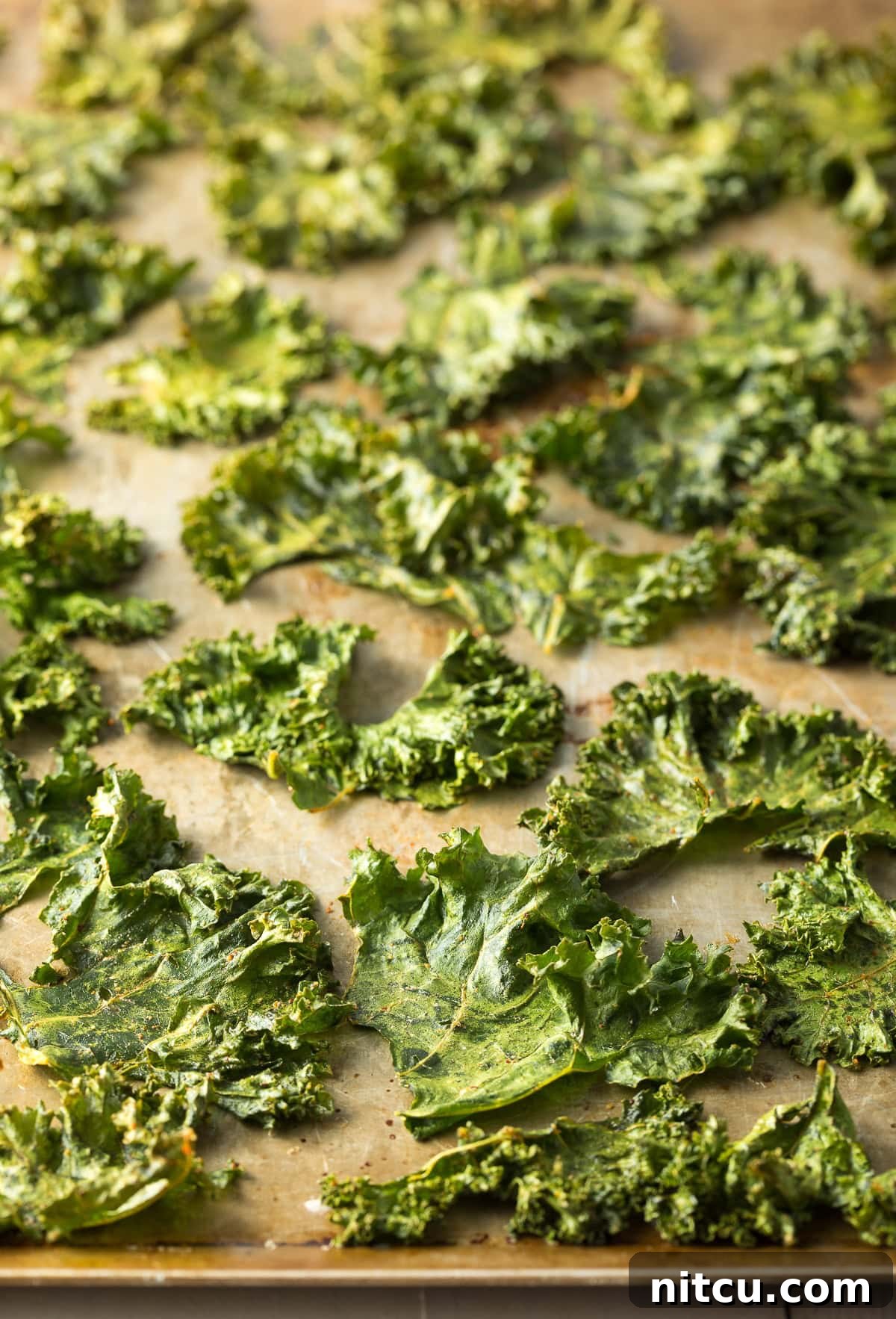 Effortless Crispy Kale Chips 5 Kale chips on a sheet pan after being roasted.