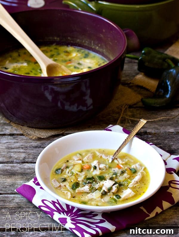 Spicy Turkey Remnants Soup 3 Leftovers Turkey Soup with Poblano Peppers in pot and bowl