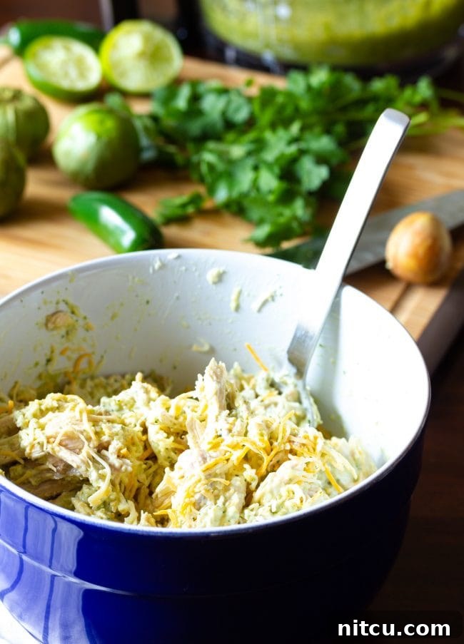A closer look at the prepared chicken enchilada recipe filling in a mixing bowl.