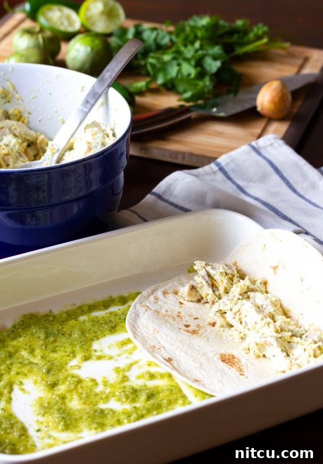 Assembling enchiladas in a baking pan, showing the rolled tortillas.