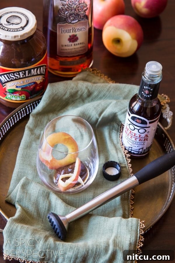 Harvest Apple Old Fashioned 5 Ingredients needed to make an apple cinnamon old fashioned.