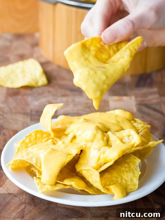 Cheese sauce makes or breaks any nacho recipe. The Best Queso recipe is easy and flavorful, with sharp and smoky notes. Start dipping those tortilla chips! #ASpicyPerspective #Queso #Cheese #Dip A hand taking a tortilla chip dipped in queso from a plate of queso-topped chips, showcasing the creamy texture.