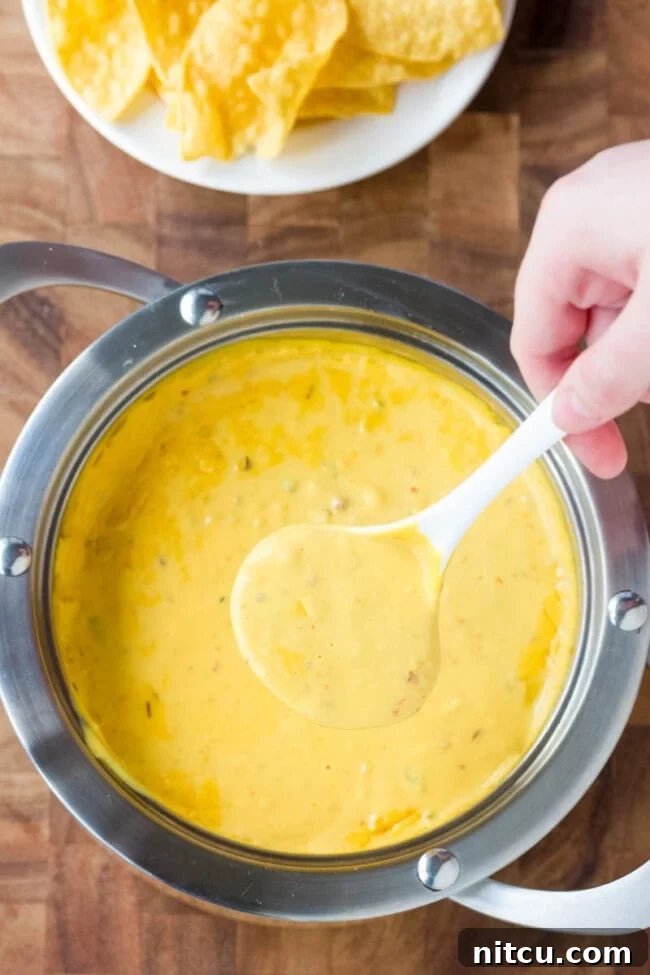 Cheese sauce makes or breaks any nacho recipe. The Best homemade Queso recipe is easy and flavorful, with sharp and smoky notes. Start dipping those tortilla chips! #ASpicyPerspective #queso #cheese #dip Hand holding a ladle of queso dip, pouring it from a pot of more golden, melted queso below it.