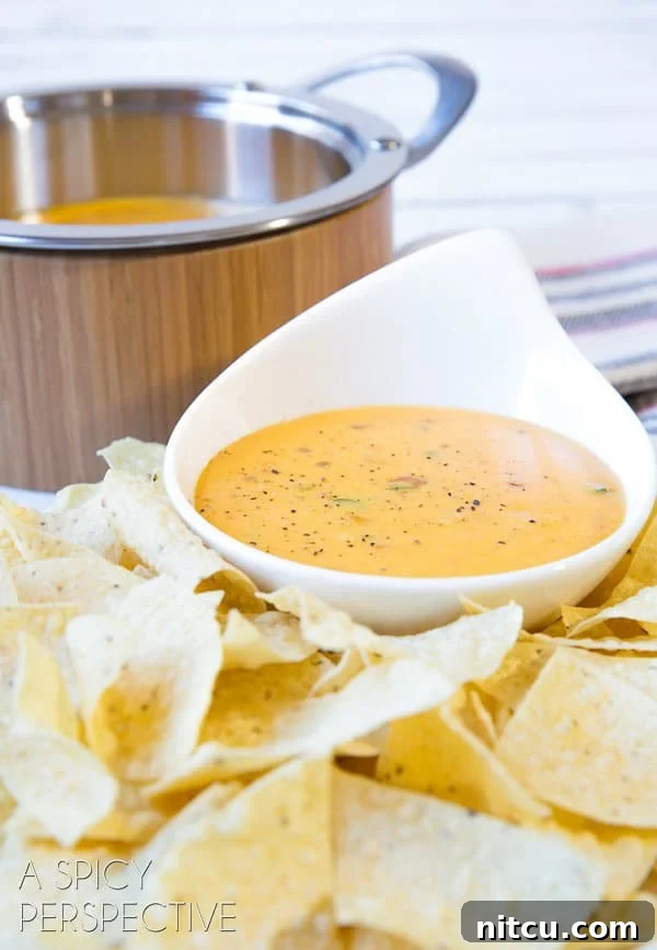 Creamy Homemade Queso 3 Platter of golden queso dip served in a bowl, surrounded by crispy tortilla chips.