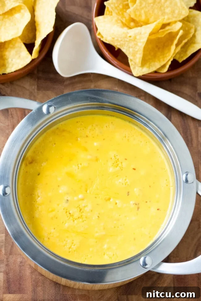 Cheese sauce makes or breaks any nacho recipe. The Best Queso recipe is easy and flavorful, with sharp and smoky notes. Start dipping those tortilla chips! #ASpicyPerspective #queso #cheese #dip Homemade queso recipe in a rustic pot, steaming and ready to be served.